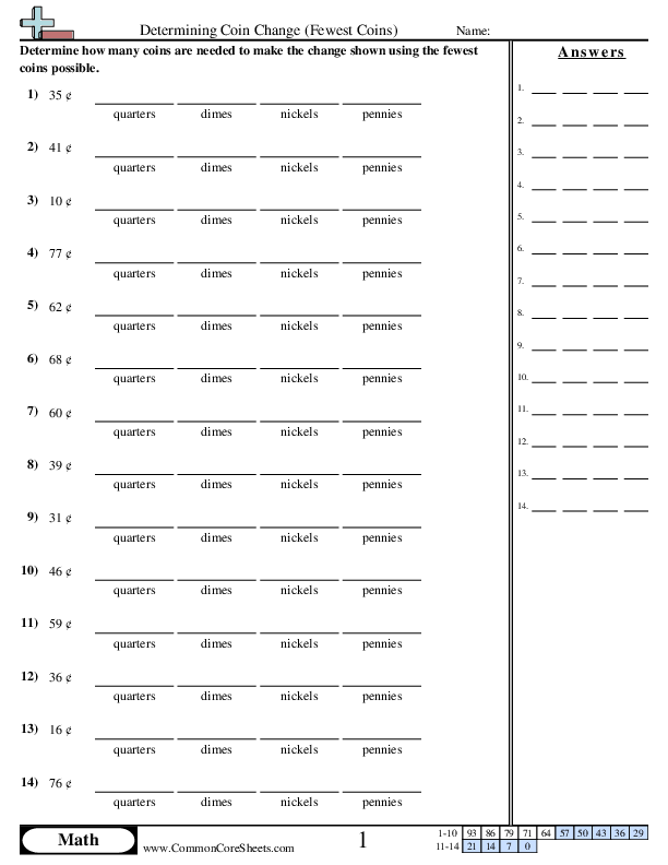 Determining Coin Change (Fewest Coins) worksheet